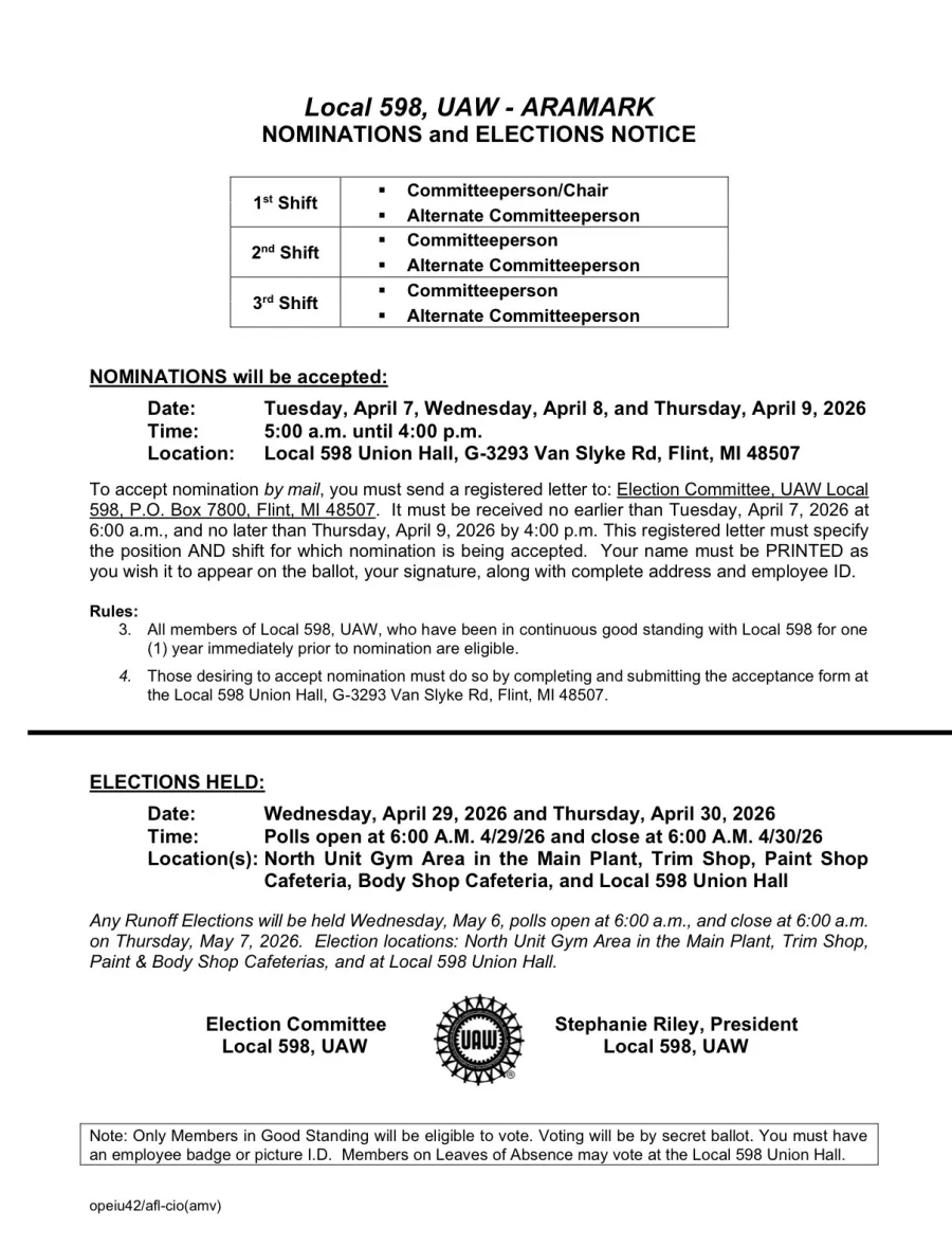 Notice of nomination and election Aramark Bargaining Unit