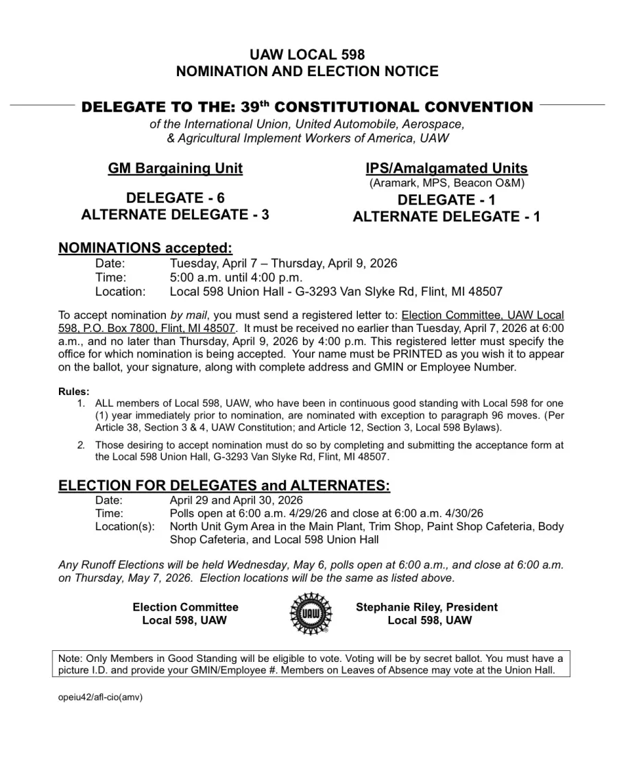 Notice of nomination and election of Delegates to the 39th UAW Constitution