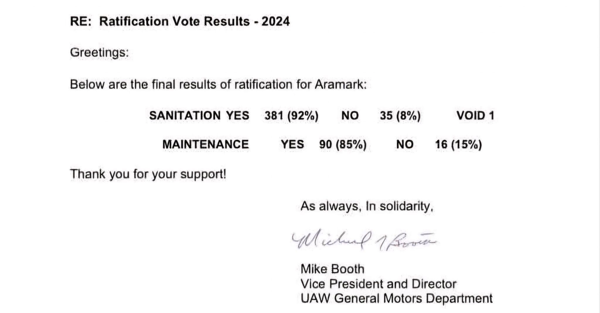 The 2024 Aramark contract has received ratification.